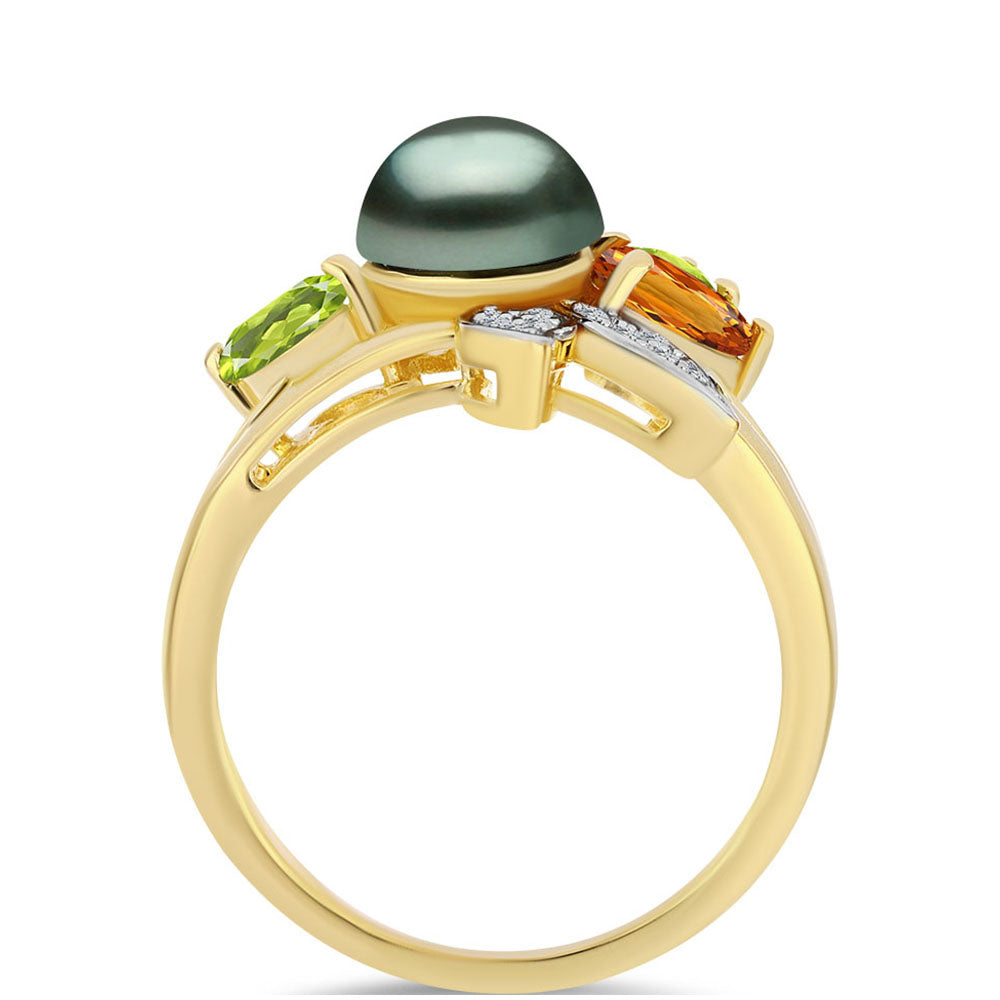 Anillo de Plata Bañada en Oro con Perla de río Tahiti verde ilusión y Citrino de los Montes Urales 2 