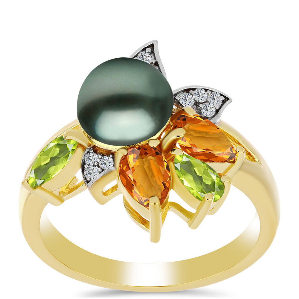 Anillo de Plata Bañada en Oro con Perla de río Tahiti verde ilusión y Citrino de los Montes Urales 3 