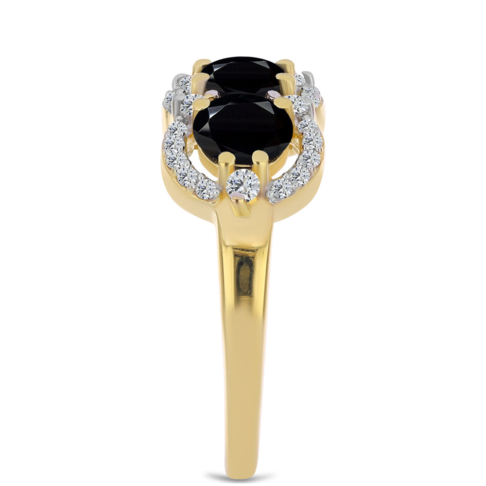 Anillo de Plata Bañada en Oro con Ónix Negro y Topacio Blanco