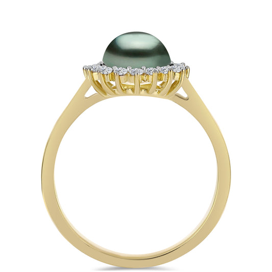 Anillo de Plata Bañada en Oro con Perla de río Tahiti verde ilusión y Topacio Blanco
