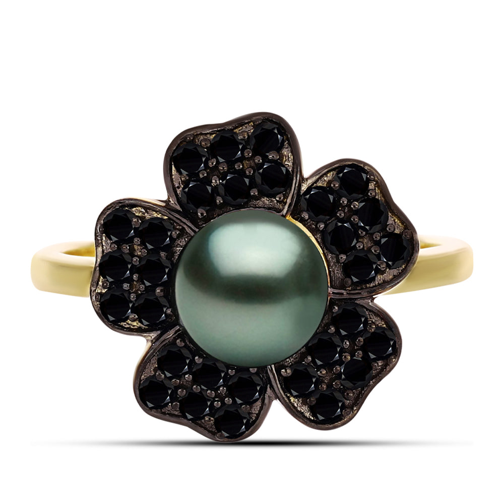 Anillo de Plata Bañada en Oro con Perla de río Tahiti verde ilusión y Espinela Negra de Badakhshan Gorno 1 