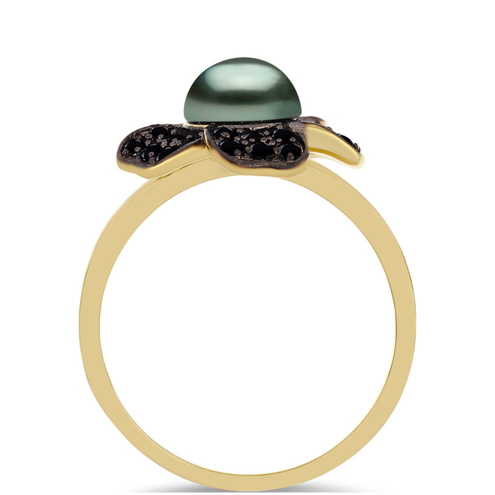 Anillo de Plata Bañada en Oro con Perla de río Tahiti verde ilusión y Espinela Negra de Badakhshan Gorno 2 