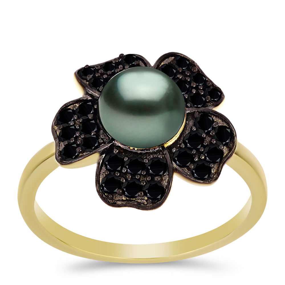 Anillo de Plata Bañada en Oro con Perla de río Tahiti verde ilusión y Espinela Negra de Badakhshan Gorno