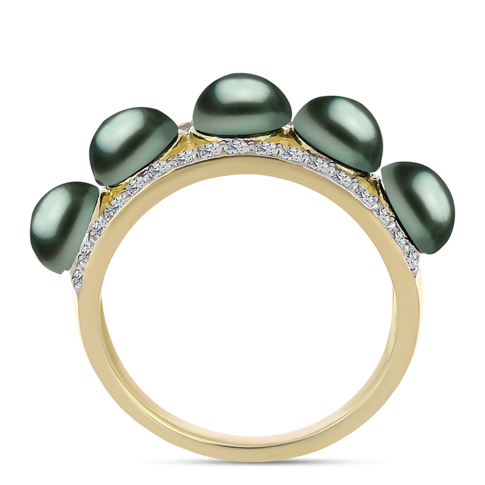 Anillo de Plata Bañada en Oro con Perla de río Tahiti verde ilusión y Topacio Blanco