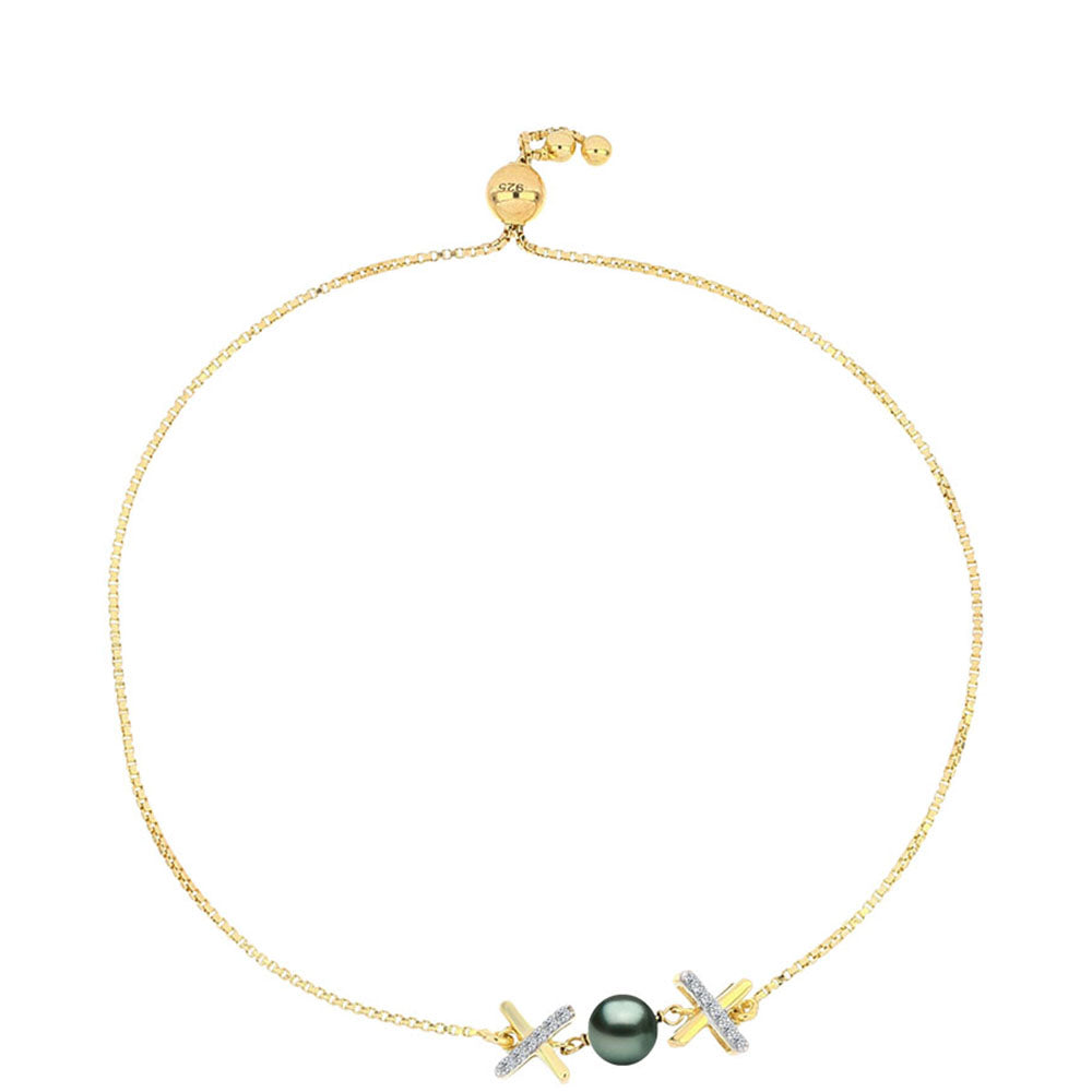 Pulsera de Plata Bañada en Oro con Perla de río Tahiti verde ilusión y Topacio Blanco