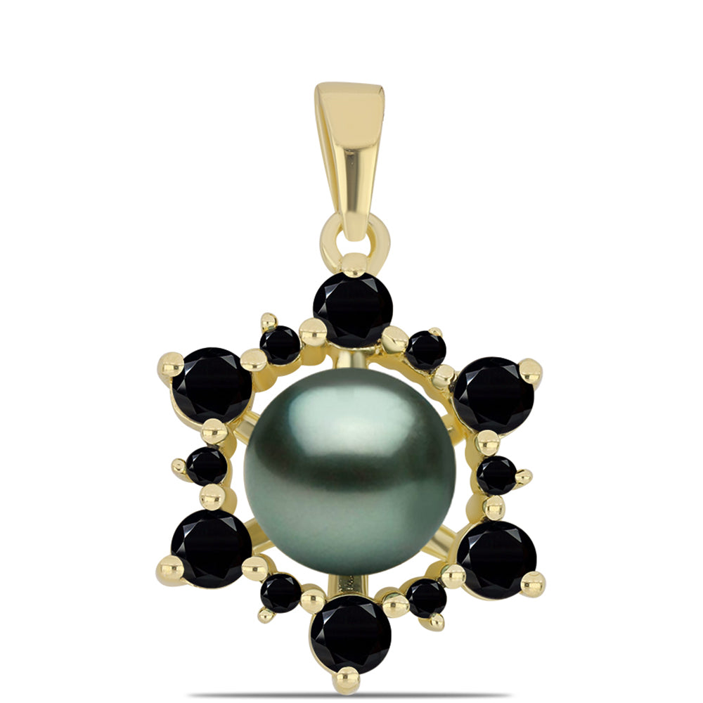 Colgante de Plata Bañada en Oro con Perla de río Tahiti verde ilusión y Espinela Negra de Badakhshan Gorno 1 