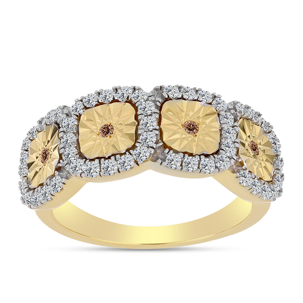 Anillo de Plata Bañada en Oro con Diamante Cognac y Topacio Blanco
