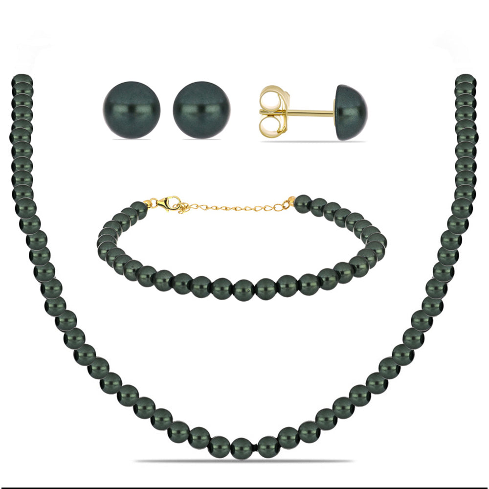 Conjunto de Plata Bañada en Oro con Perla de río Tahiti verde ilusión ( Collar +Pendientes +Pulsera ) 1 