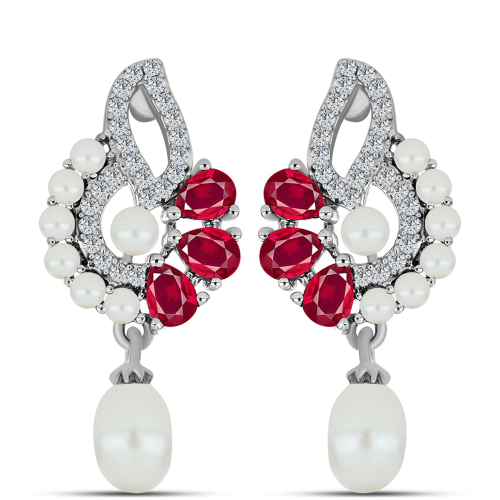 Pendientes de Plata con Rubí de Madagascar y Perla blanca de agua dulce