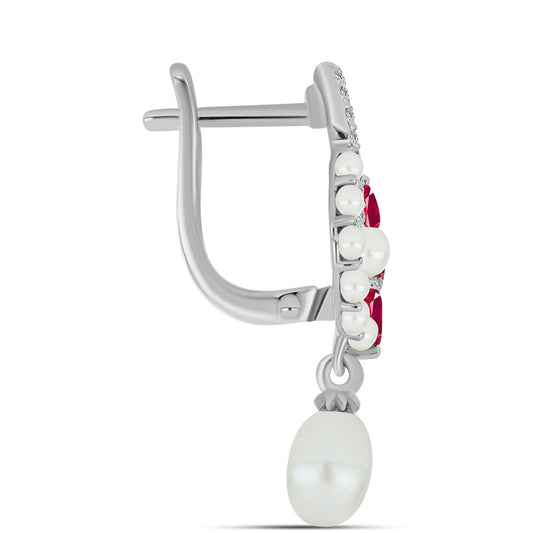 Pendientes de Plata con Rubí de Madagascar y Perla blanca de agua dulce