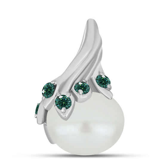 Colgante de Plata con Moissanita azul mar verdosa y Perla blanca de agua dulce