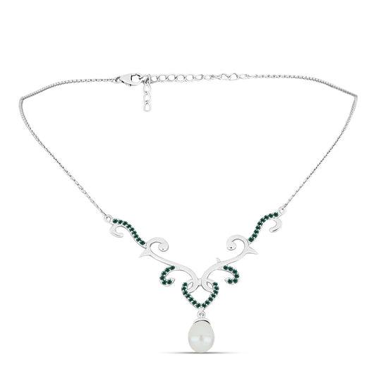 Collar de Plata con Moissanita azul mar verdosa y Perla blanca de agua dulce
