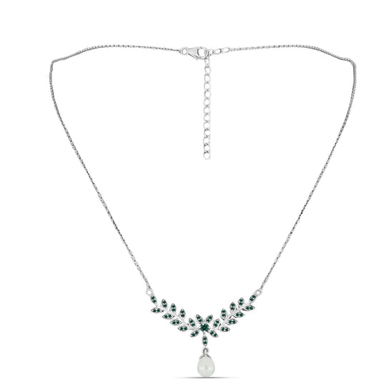 Collar de Plata con Moissanita azul mar verdosa y Perla blanca de agua dulce