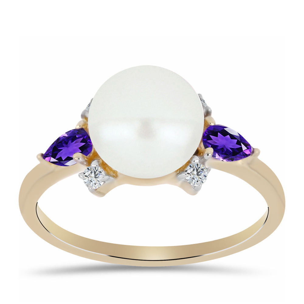 Anillo de Plata Bañada en Oro con Amatista de Marruecos y Perla blanca de agua dulce