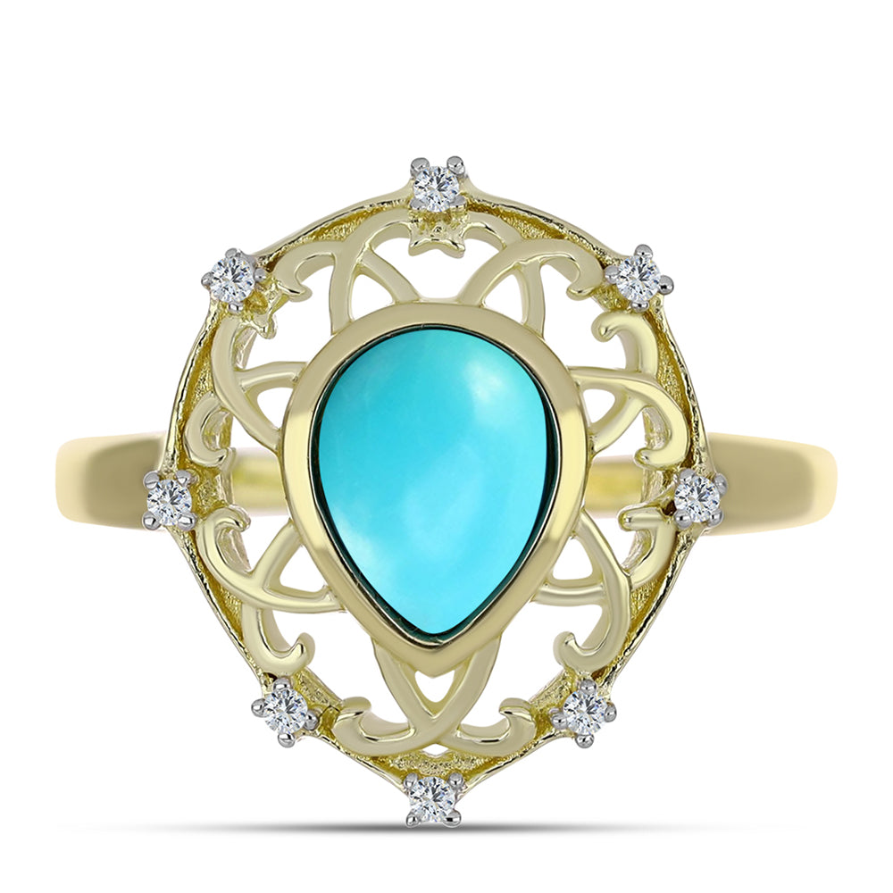 Anillo de Plata Bañada en Oro con Turquesa Bella Durmiente y Topacio Blanco