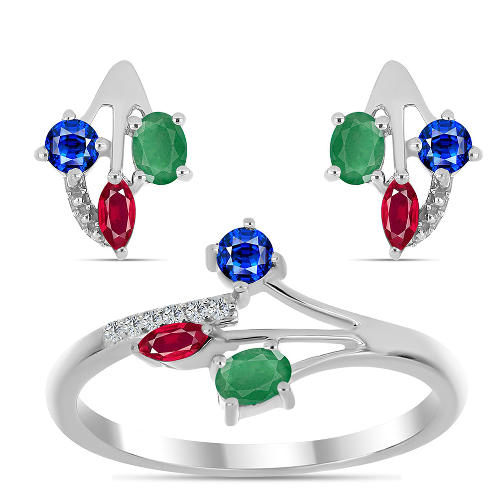 Conjunto de Plata con Rubí de Madagascar y Esmeralda de Brasil ( Pendientes +Anillo )