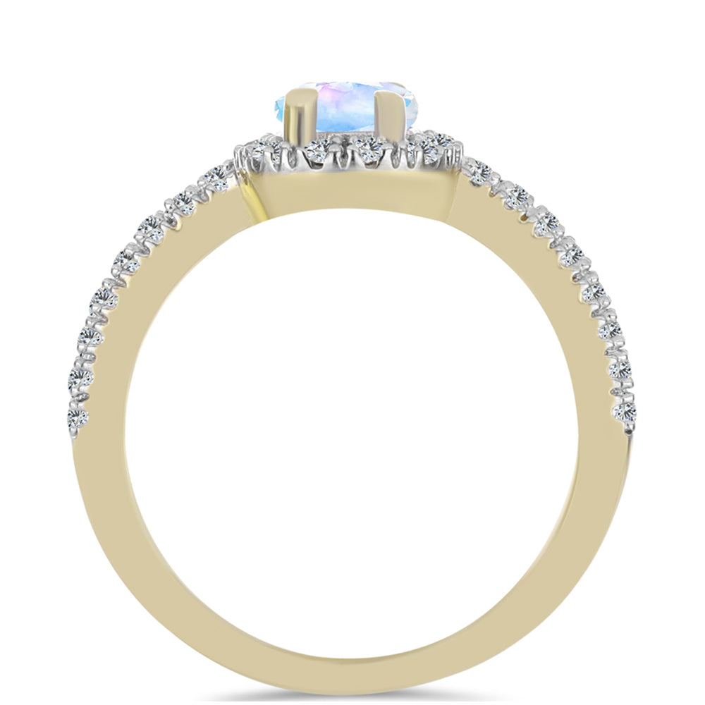 Anillo de Plata Bañada en Oro con Piedra Lunar Arco Iris y Topacio Blanco
