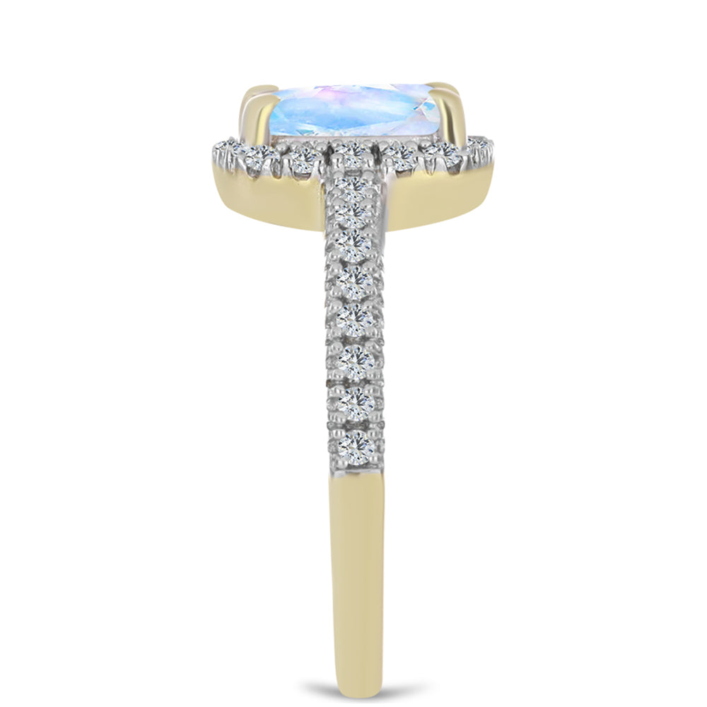 Anillo de Plata Bañada en Oro con Piedra Lunar Arco Iris y Topacio Blanco 4 