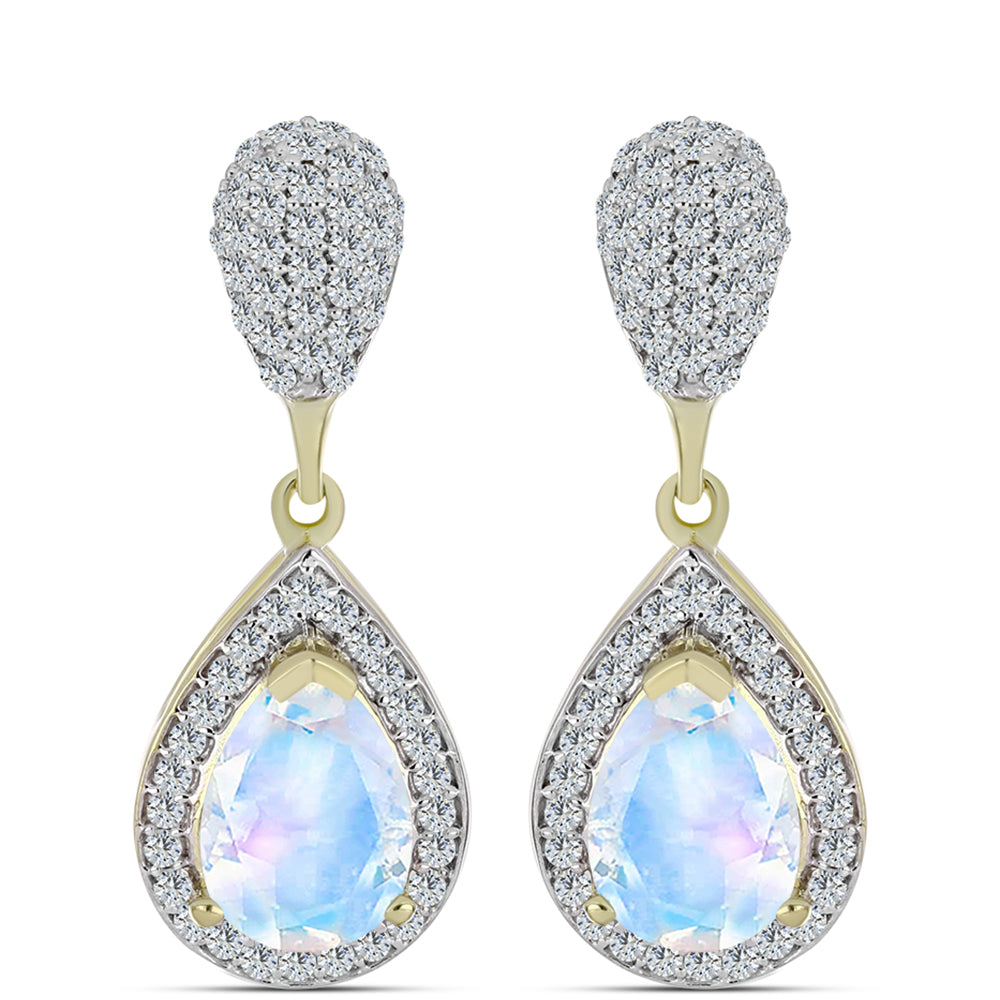 Pendientes de Plata Bañada en Oro con Piedra Lunar Arco Iris y Topacio Blanco 1 