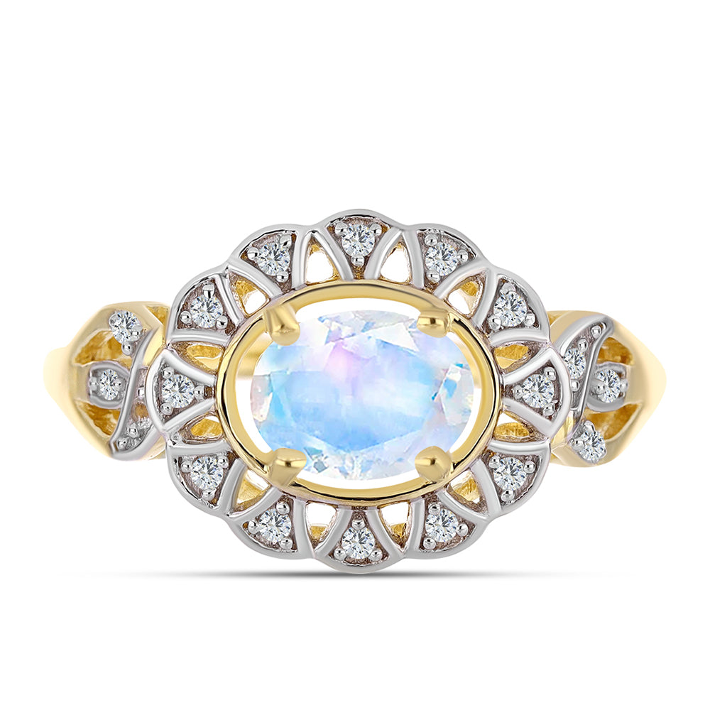 Anillo de Plata Bañada en Oro con Piedra Lunar Arco Iris y Topacio Blanco 1 