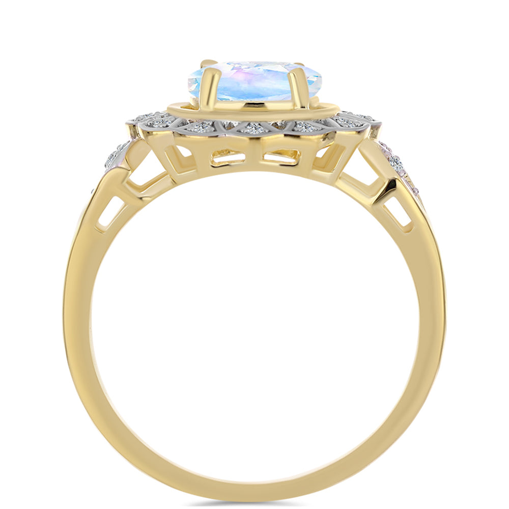 Anillo de Plata Bañada en Oro con Piedra Lunar Arco Iris y Topacio Blanco 2 