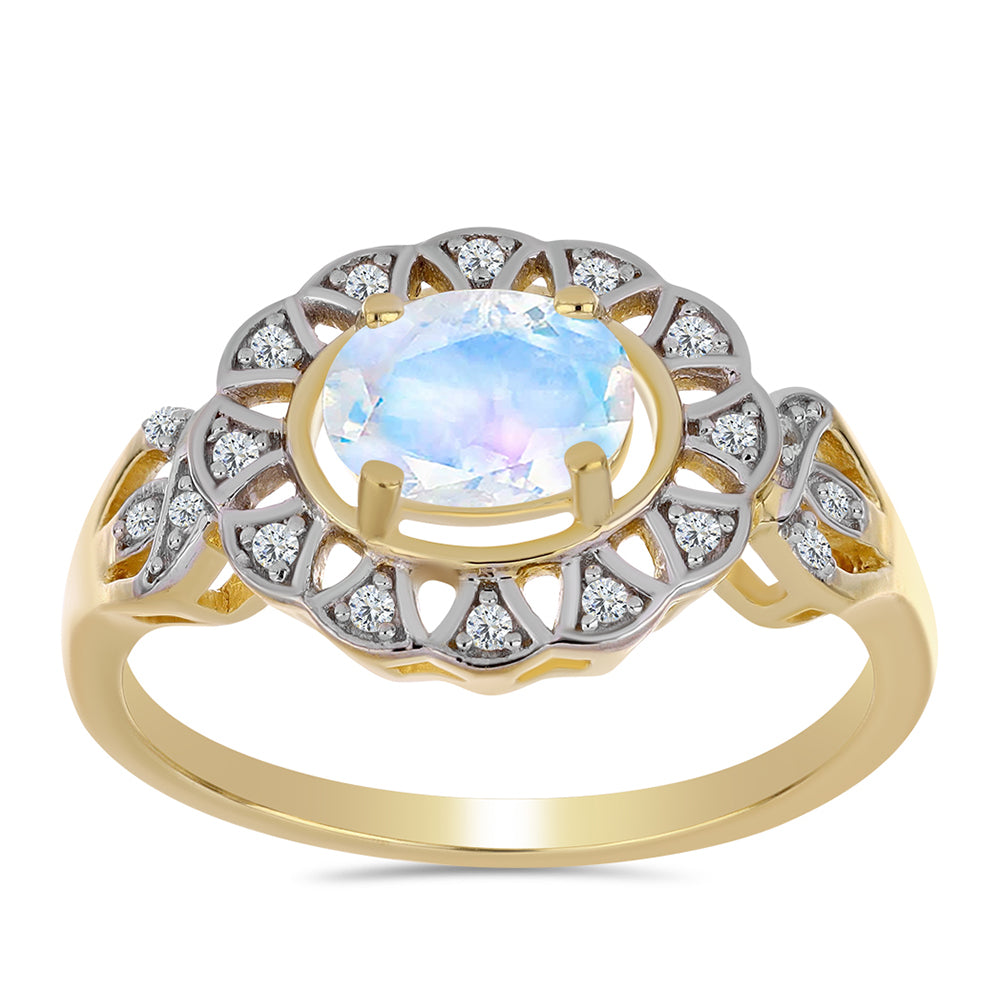 Anillo de Plata Bañada en Oro con Piedra Lunar Arco Iris y Topacio Blanco 3 