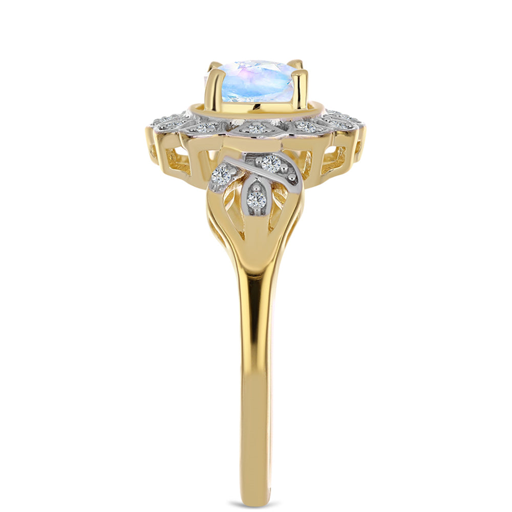 Anillo de Plata Bañada en Oro con Piedra Lunar Arco Iris y Topacio Blanco