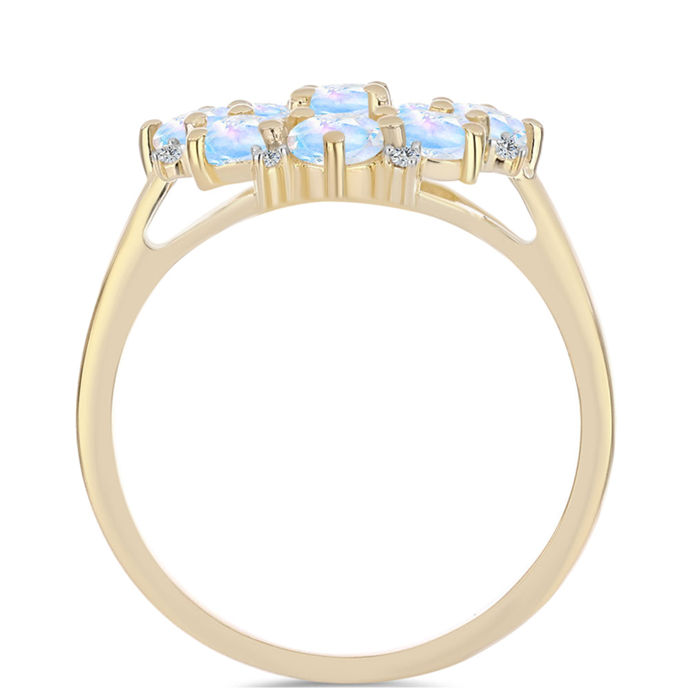Anillo de Plata Bañada en Oro con Piedra Lunar Arco Iris y Topacio Blanco