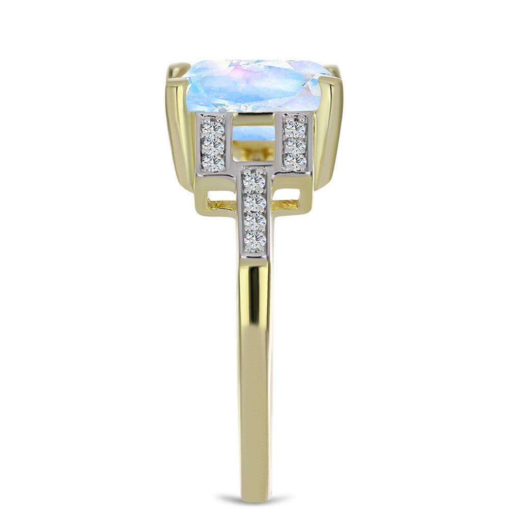 Anillo de Plata Bañada en Oro con Piedra Lunar Arco Iris y Topacio Blanco 4 