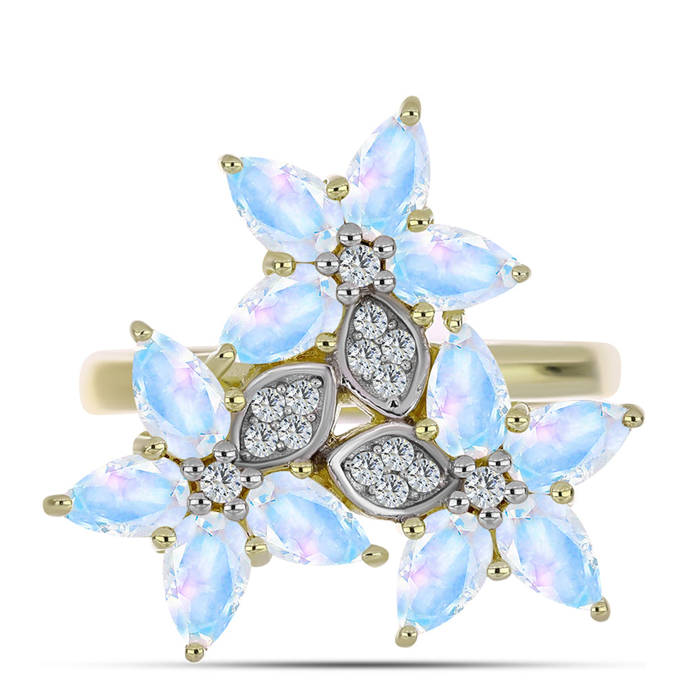 Anillo de Plata Bañada en Oro con Piedra Lunar Arco Iris y Topacio Blanco 1 