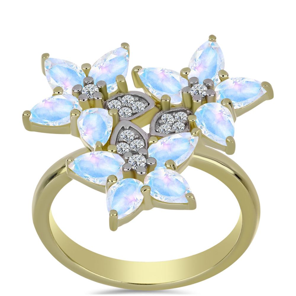 Anillo de Plata Bañada en Oro con Piedra Lunar Arco Iris y Topacio Blanco 3 