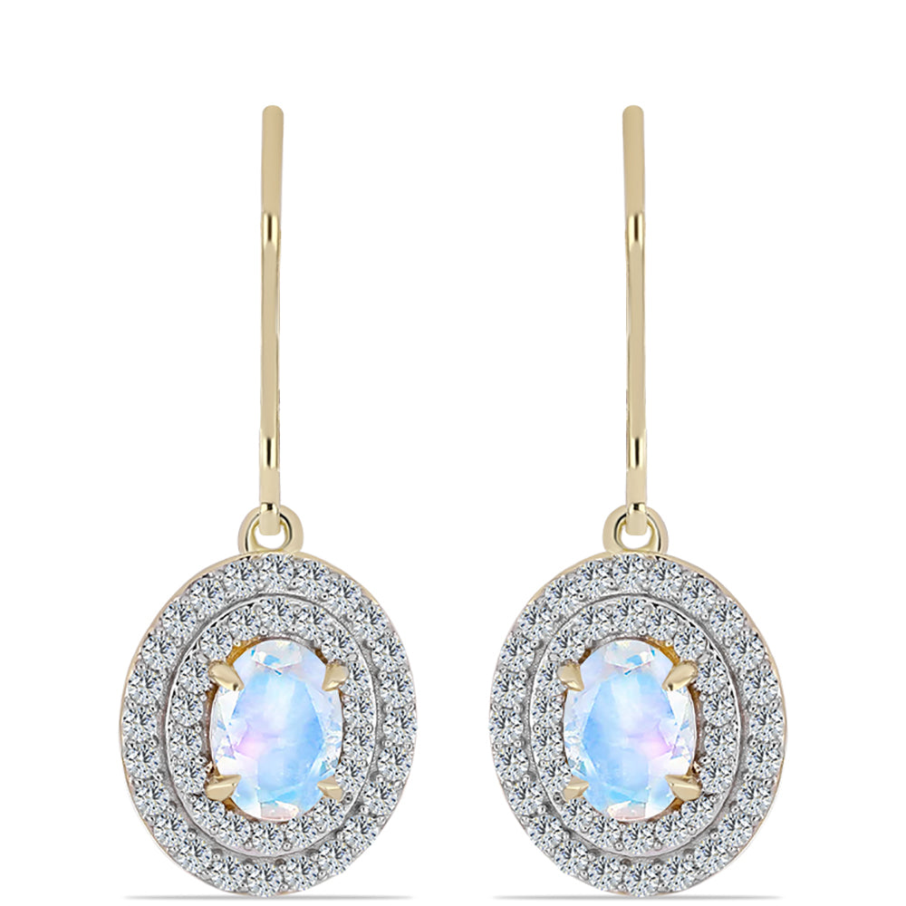 Pendientes de Plata Bañada en Oro con Piedra Lunar Arco Iris y Topacio Blanco
