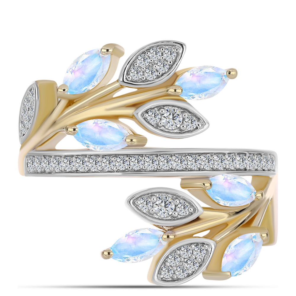 Anillo de Plata Bañada en Oro con Piedra Lunar Arco Iris y Topacio Blanco