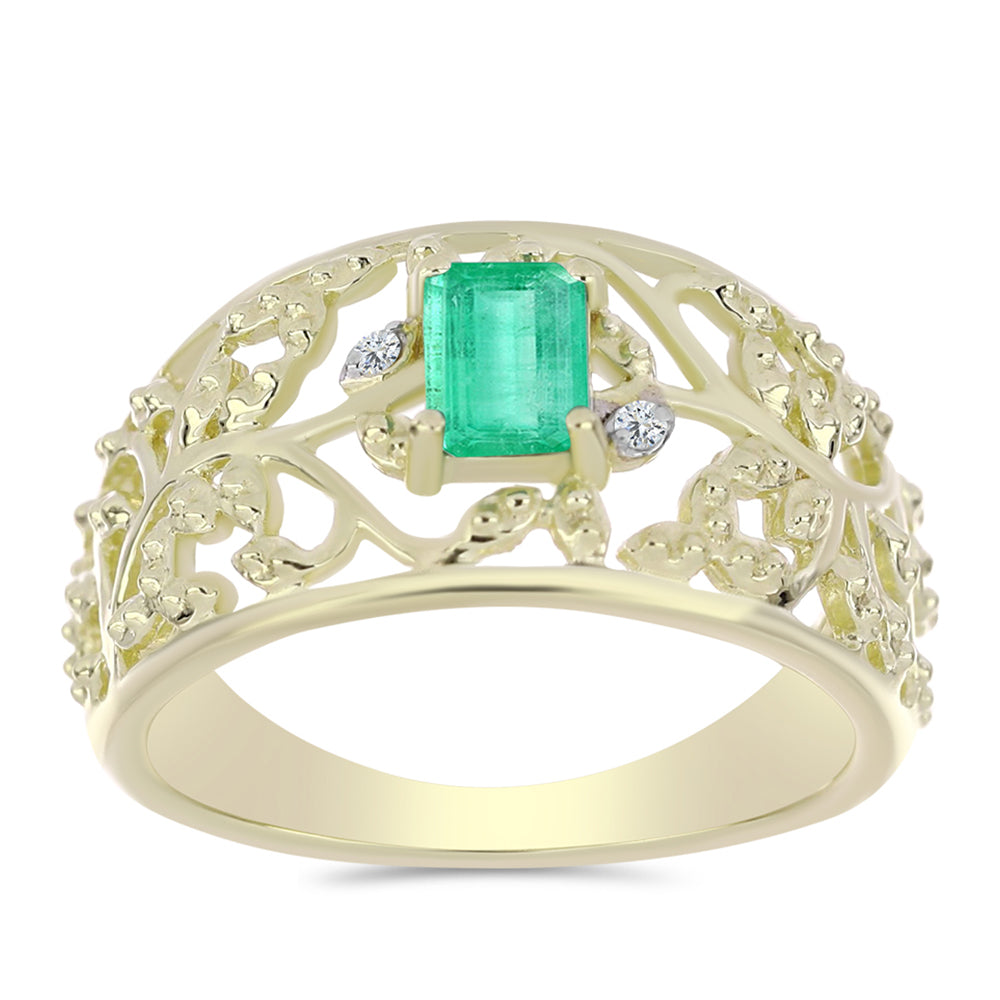 Anillo de Plata Bañada en Oro con Esmeralda de Colombia y Diamante blanco