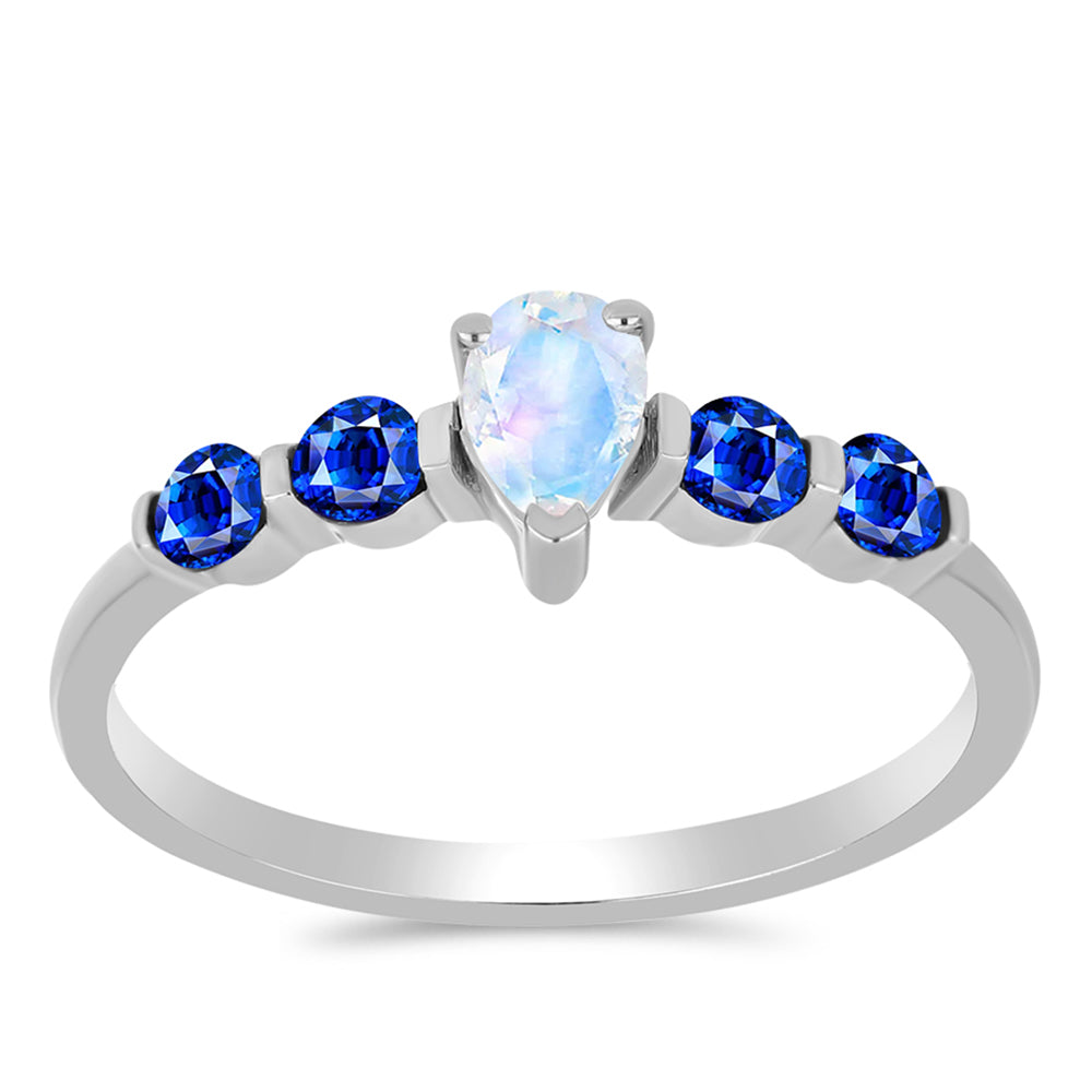 Anillo de Plata con Zafiro Azul Australiano y Piedra Lunar Arco Iris