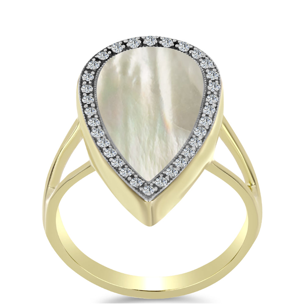 Anillo de Plata Bañada en Oro con Madreperla y Topacio Blanco