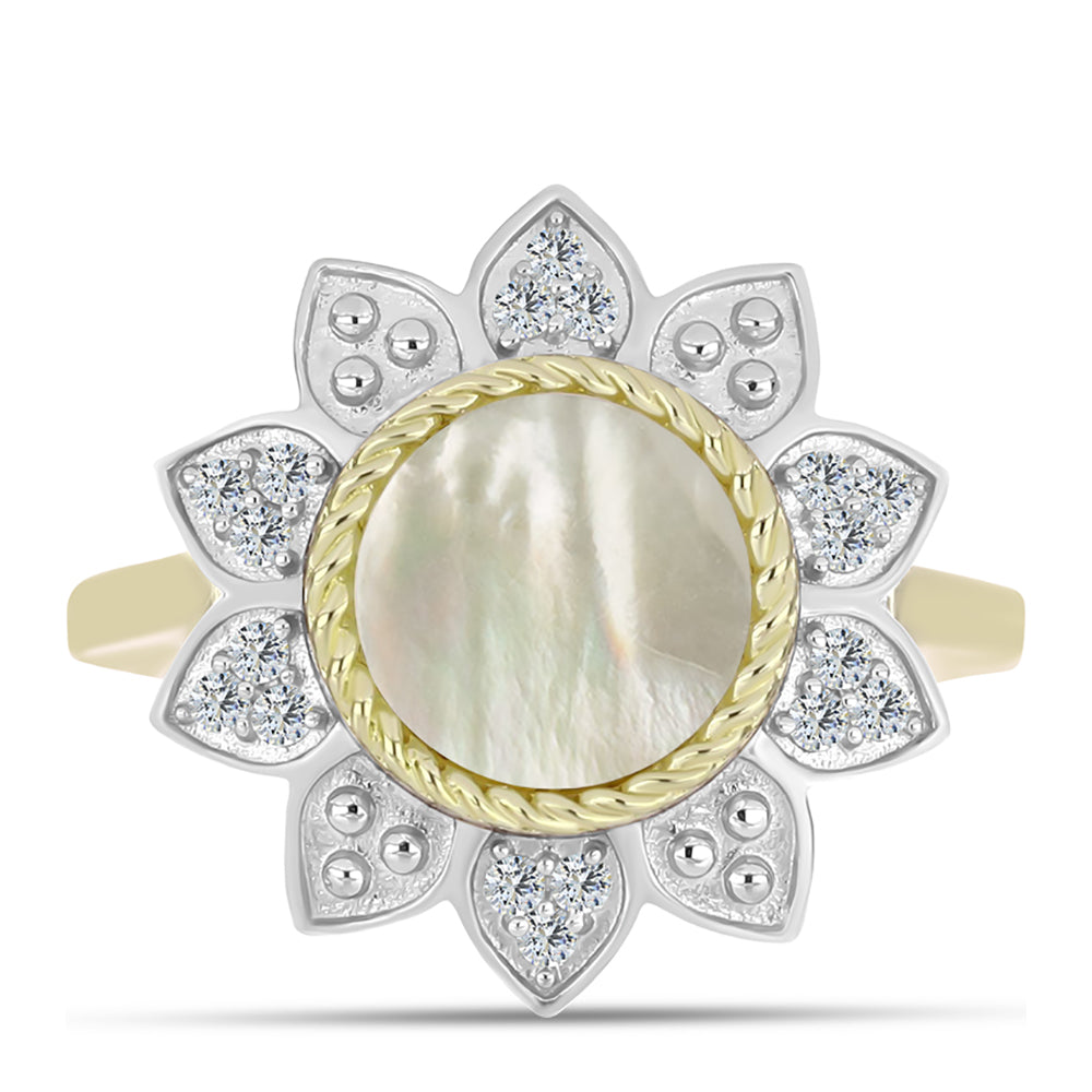Anillo de Plata Bañada en Oro con Madreperla y Topacio Blanco 1 