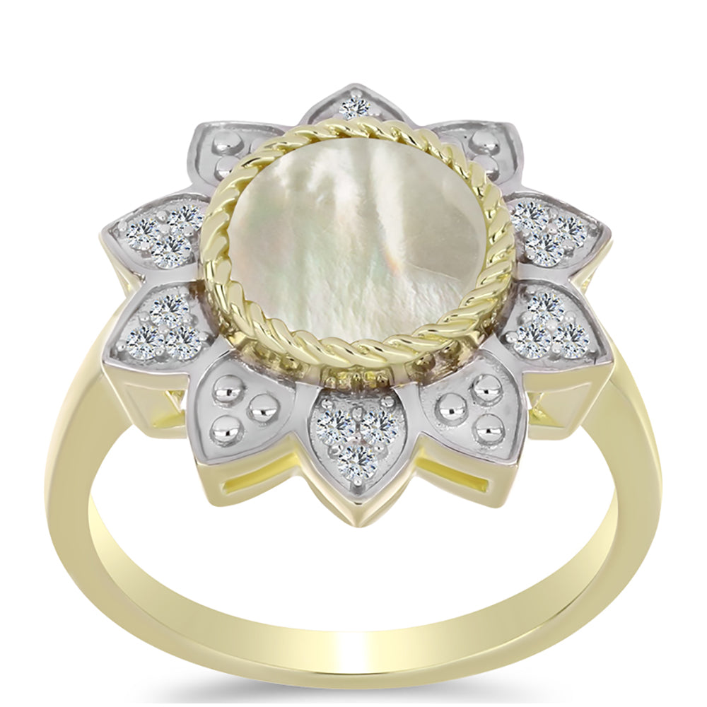 Anillo de Plata Bañada en Oro con Madreperla y Topacio Blanco