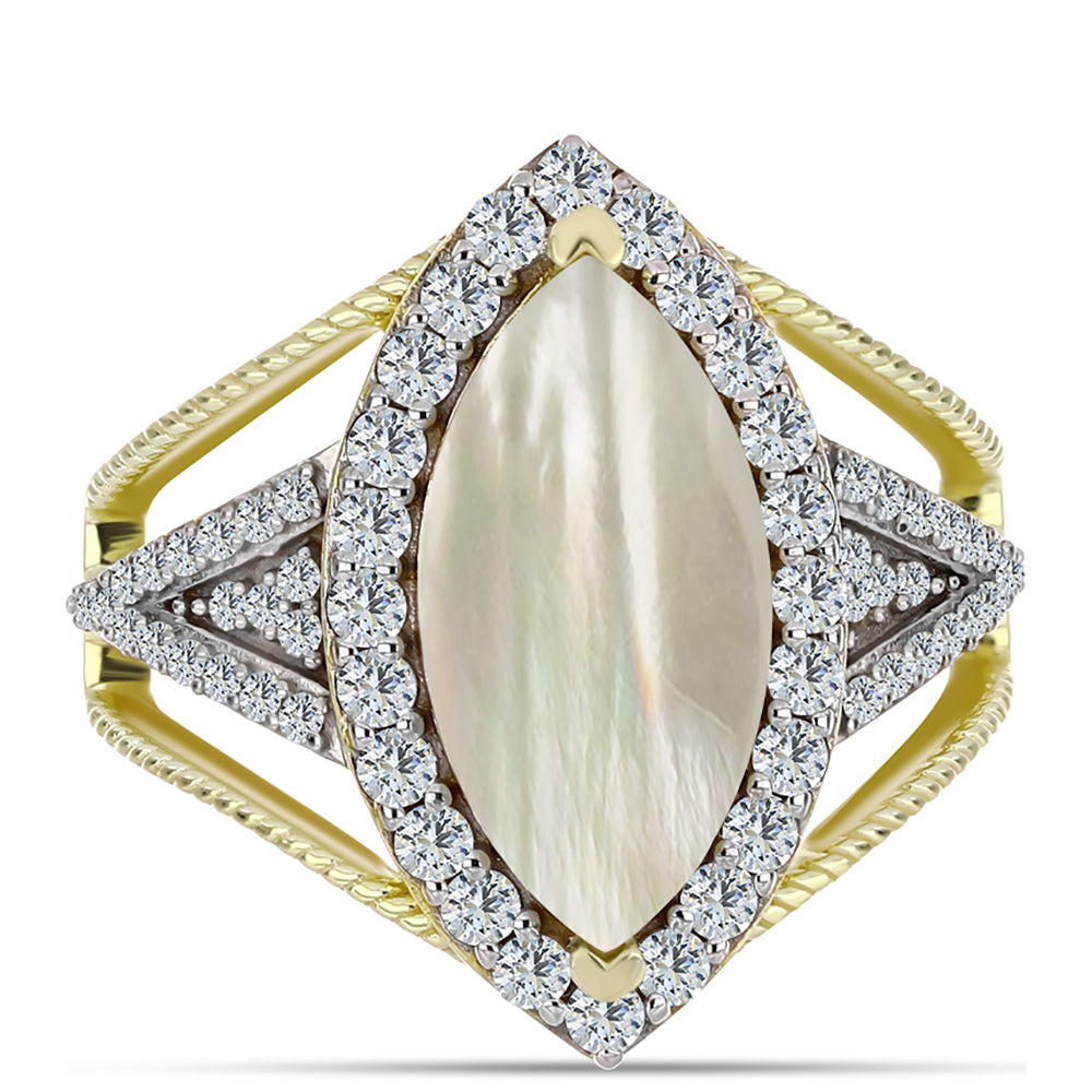 Anillo de Plata Bañada en Oro con Madreperla y Topacio Blanco