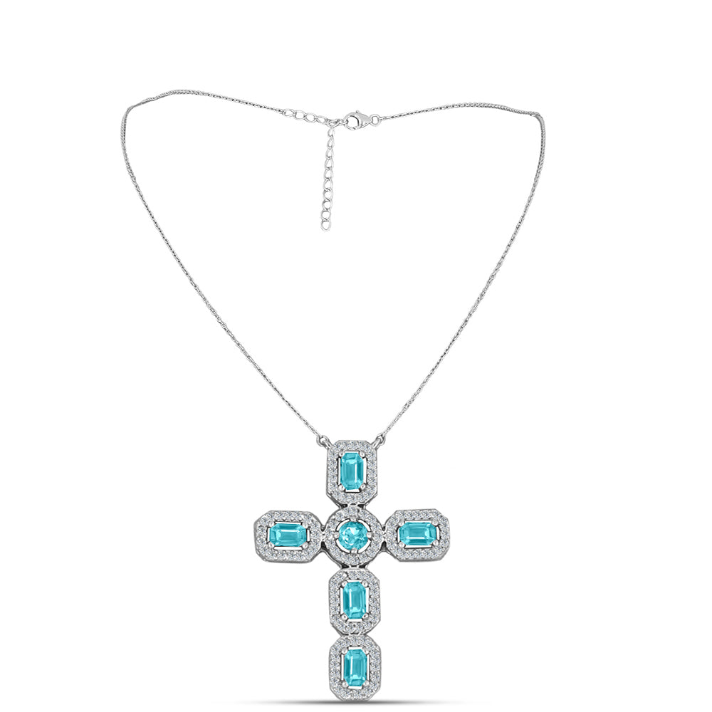 Cruz Collar de Plata con Cuarzo Paraiba y Topacio Blanco ( Collar +Colgante ) 1 