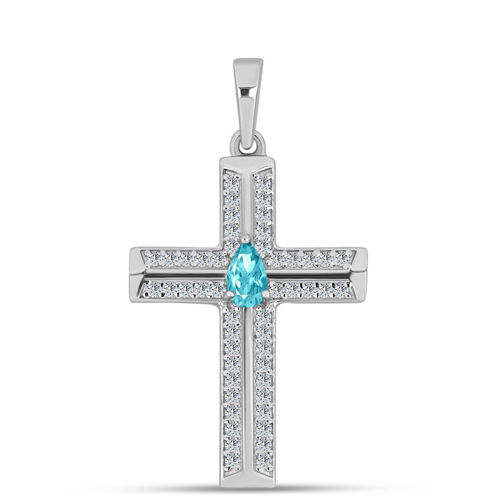 Cruz Colgante de Plata con Cuarzo Paraiba y Topacio Blanco