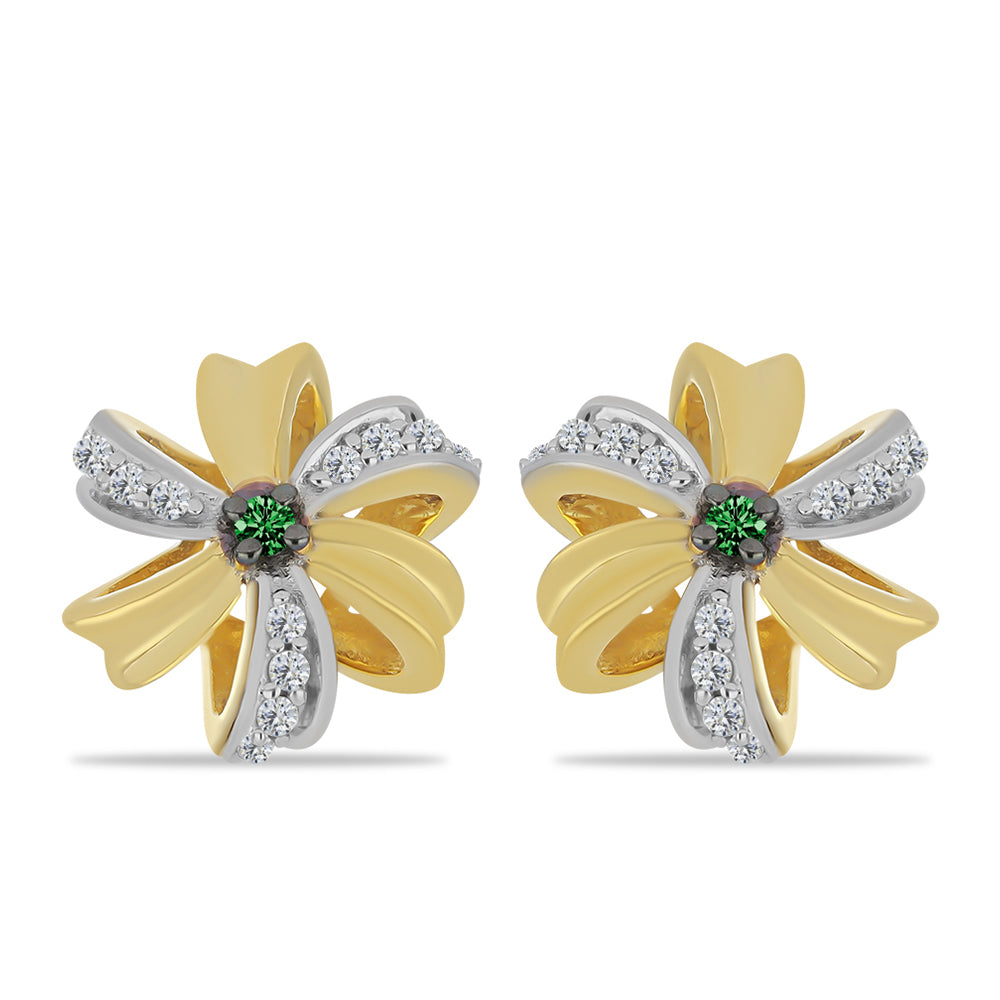 Pendientes de Plata Bañada en Oro con Diamante Verde y Zircón Blanco