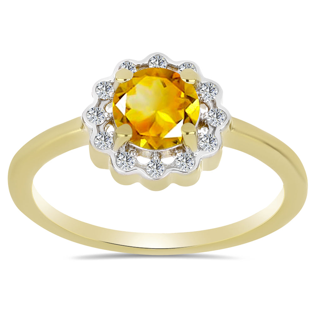 Anillo de Plata Bañada en Oro con Citrino de los Montes Urales y Zircón Blanco