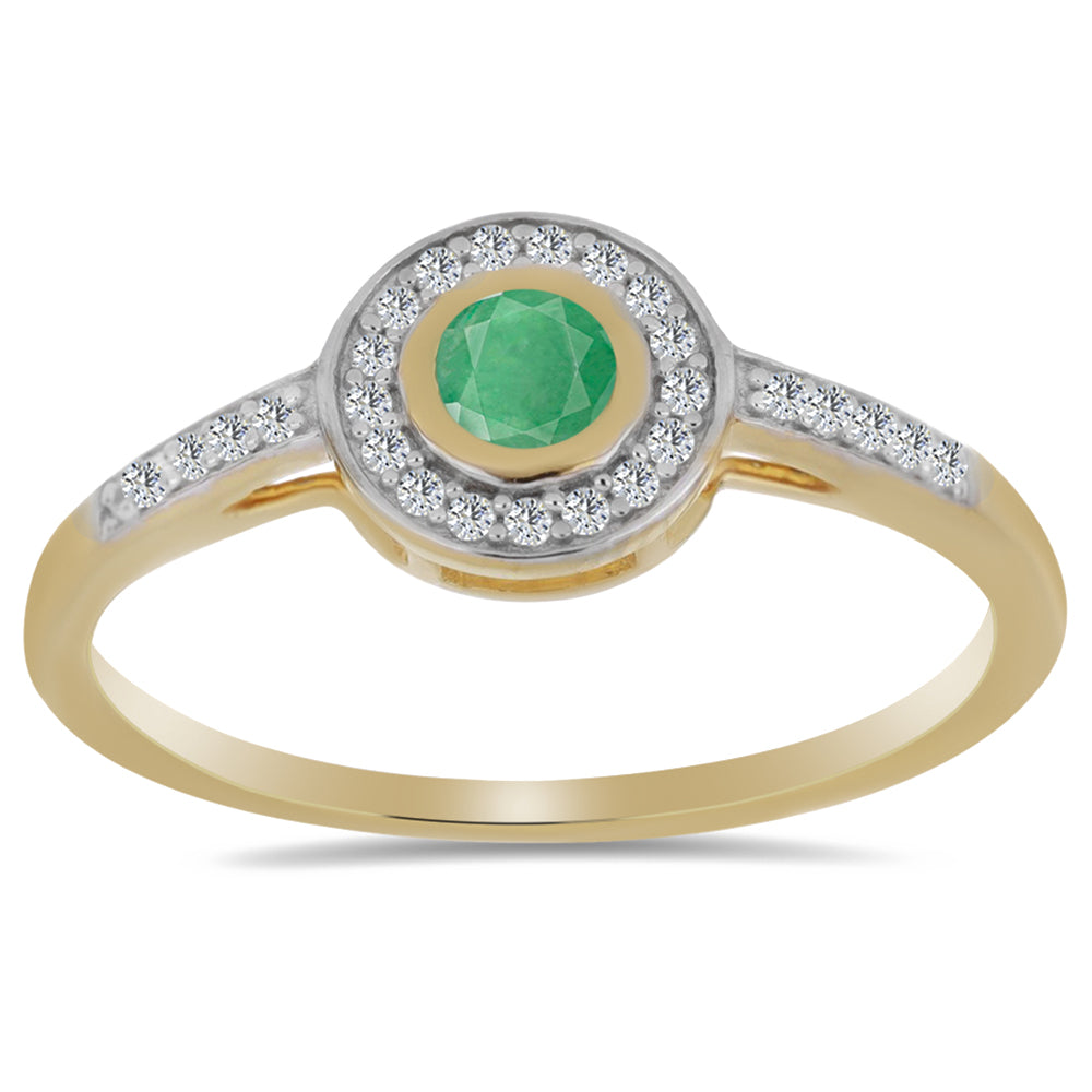 Anillo de Plata Bañada en Oro con Esmeralda de Brasil y Zircón Blanco