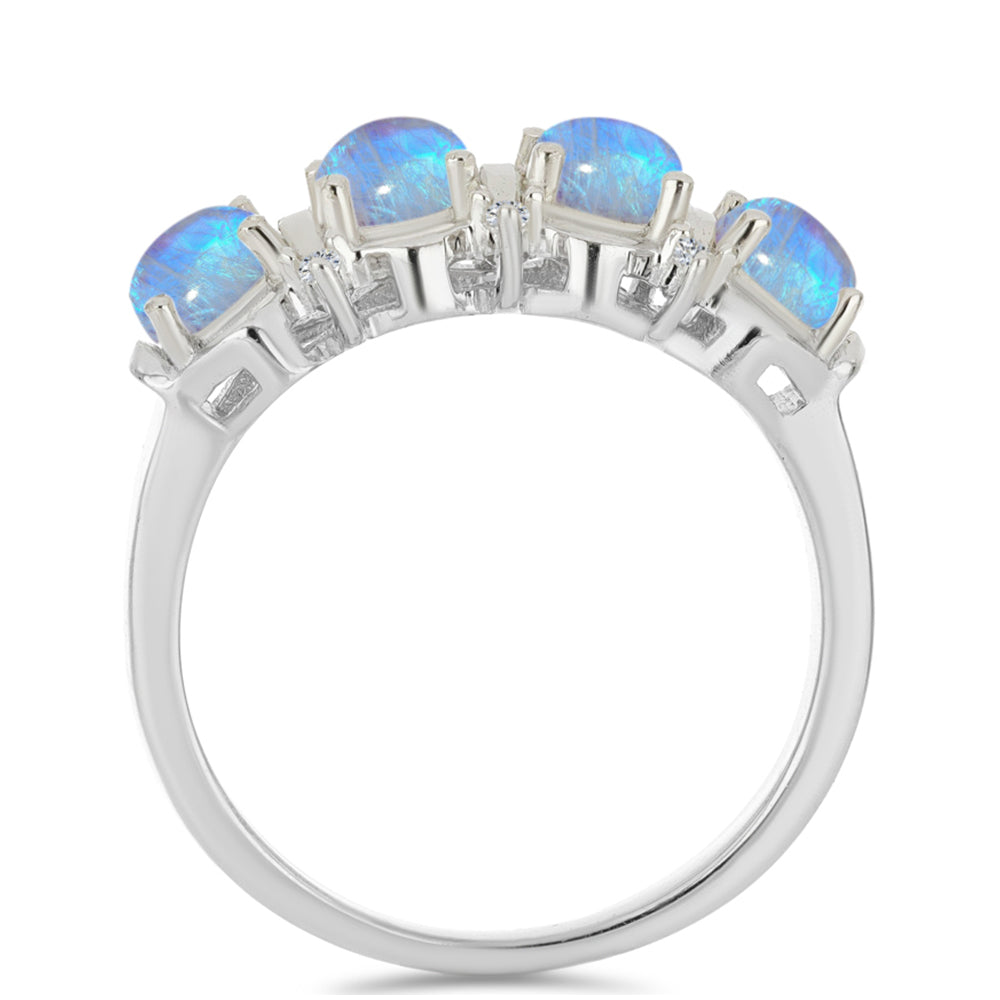 Anillo de Plata con Piedra Lunar Arco Iris y Zircón Blanco