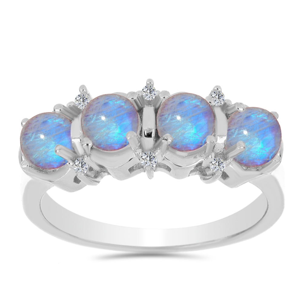 Anillo de Plata con Piedra Lunar Arco Iris y Zircón Blanco