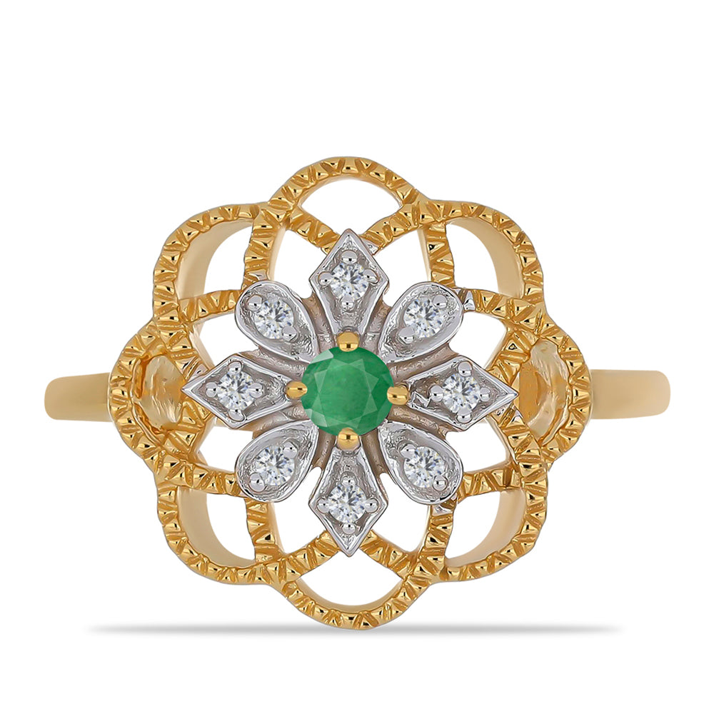 Anillo de Plata Bañada en Oro con Esmeralda de Brasil y Zircón Blanco