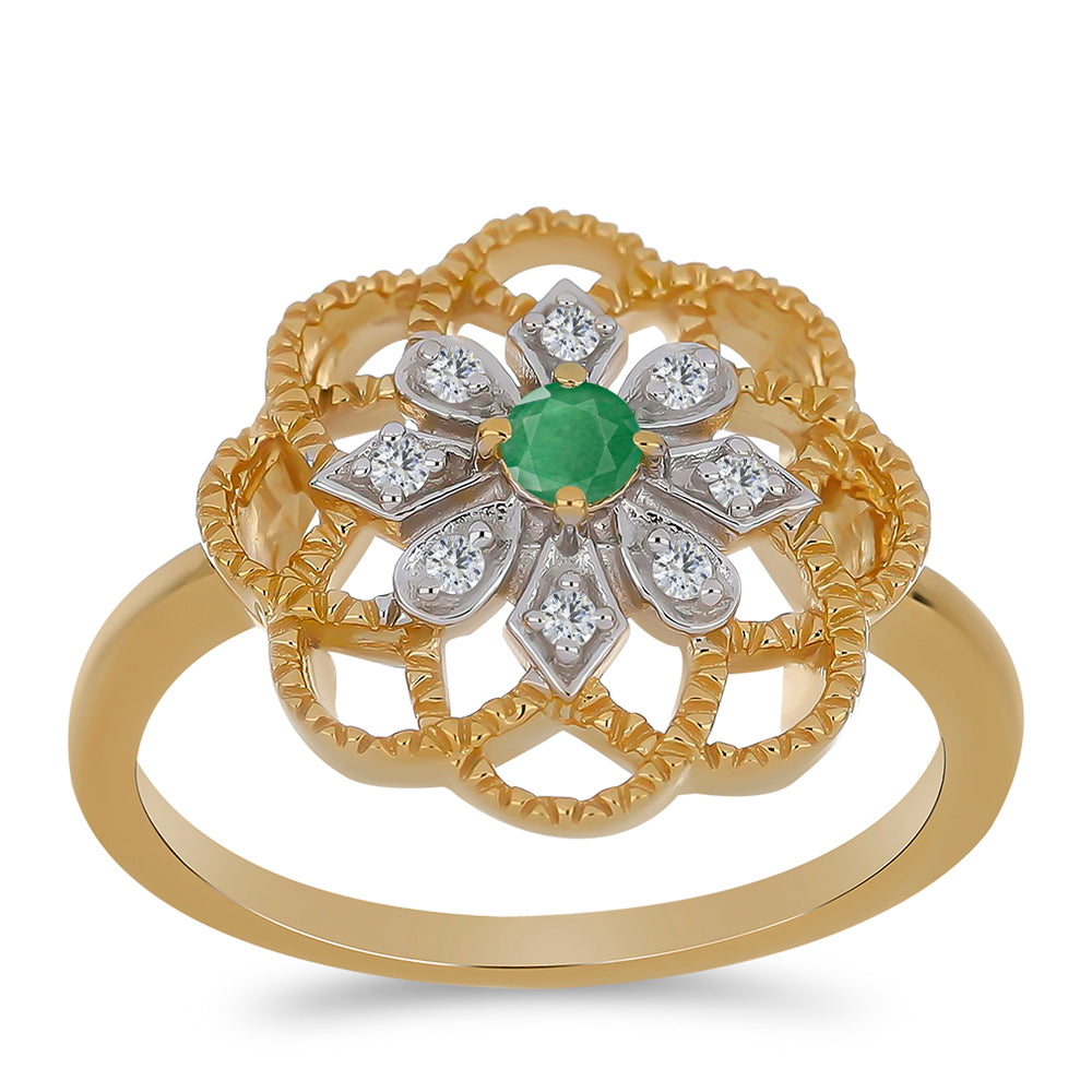 Anillo de Plata Bañada en Oro con Esmeralda de Brasil y Zircón Blanco