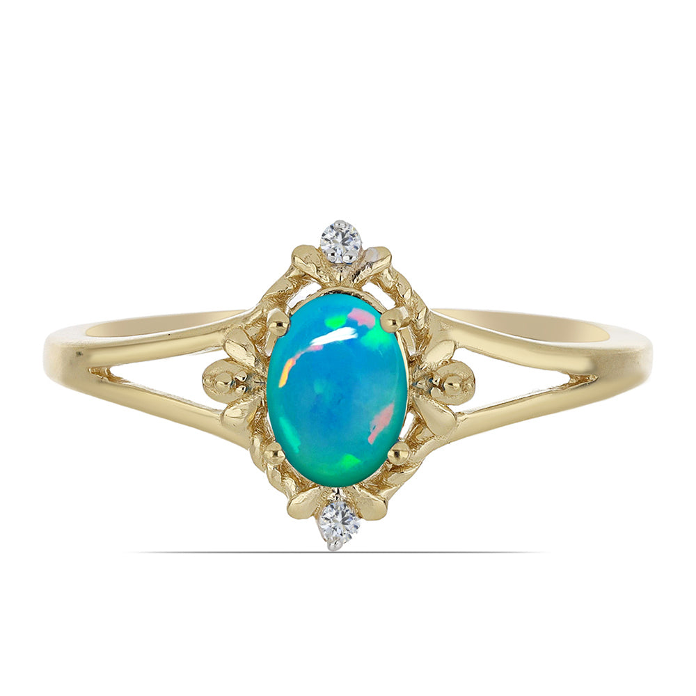 Anillo de Plata Bañada en Oro con Ópalo Azul de Lega Dembi de Etiopía y Zircón Blanco 1 