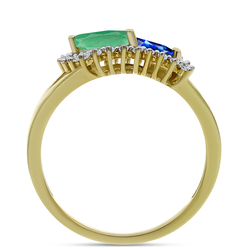 Anillo de Plata Bañada en Oro con Zafiro Azul Australiano y Esmeralda de Brasil 2 